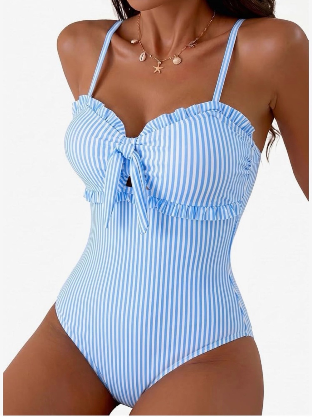 Women’s Blue & White Striped Ruffle One Piece Swimsuit